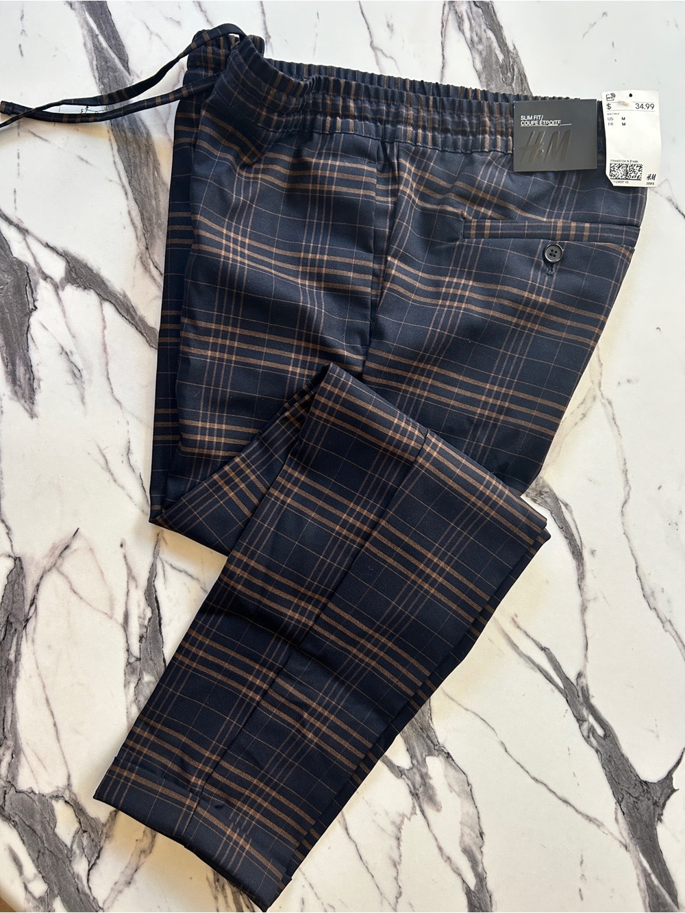 H&M Men’s Slim Fit Plaid Dress Pants NWT Med. Black Brown Checked Elastic Waist